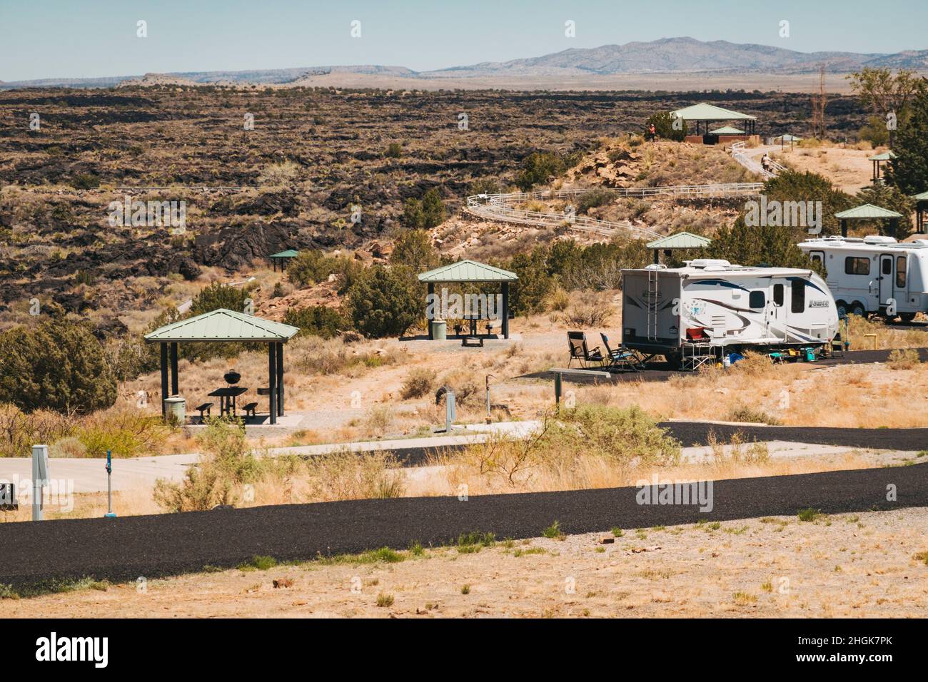 Campervans at the Valley of Fires recreation area next to the Malpais Lava Flow, New Mexico Stock Photo