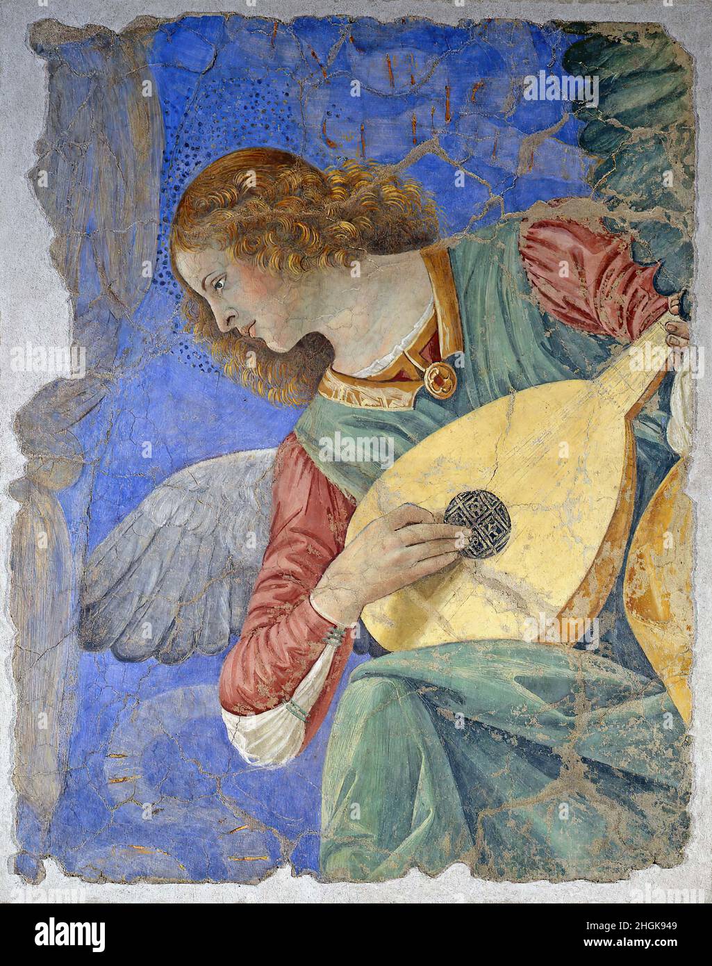 Un angelo che suona il liuto 1480c. frammento di affresco staccato
