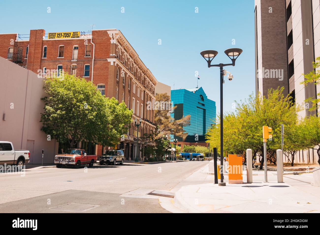 Amongst the brick and glass buildings downtown in the city of El Paso, Texas, USA Stock Photo