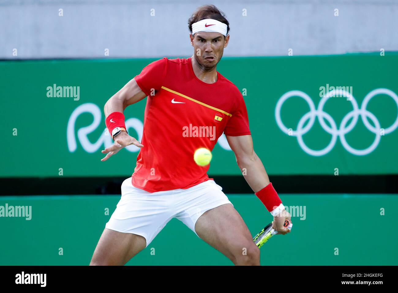 Rafael Nadal tennis player from Spain competing at the Rio 2016 Summer Olympic Games. Spanish athlete on court, former world number one ATP rankings Stock Photo