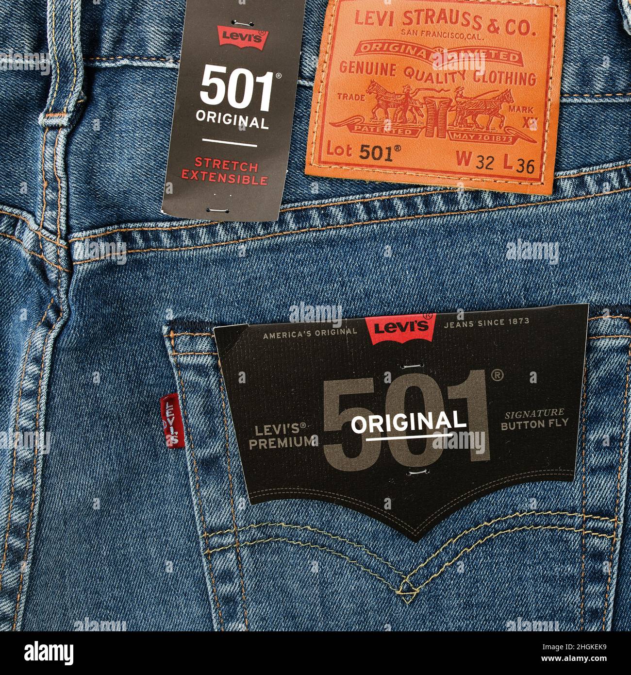 Levi's logo and badges is displayed on Levi Strauss 501 jeans. New LEVI'S  501 Jeans. Classic jeans model. 31.12.2021, Rostov, Russia Stock Photo -  Alamy