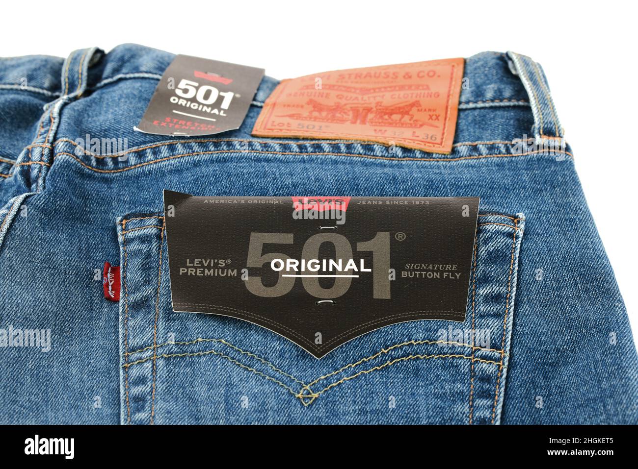 Levi's logo and badges is displayed on Levi Strauss 501 jeans. New LEVI'S 501 Jeans. Classic jeans model. 31.12.2021, Rostov, Russia. Stock Photo