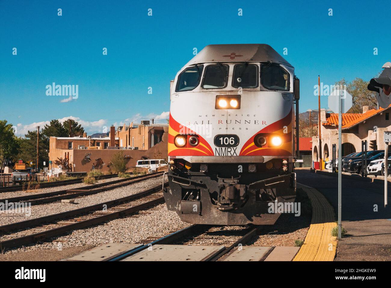an MPXpress locomotive operating the New Mexico Rail Runner Express from the Santa Fe Railyard, Santa Fe, New Mexico Stock Photo