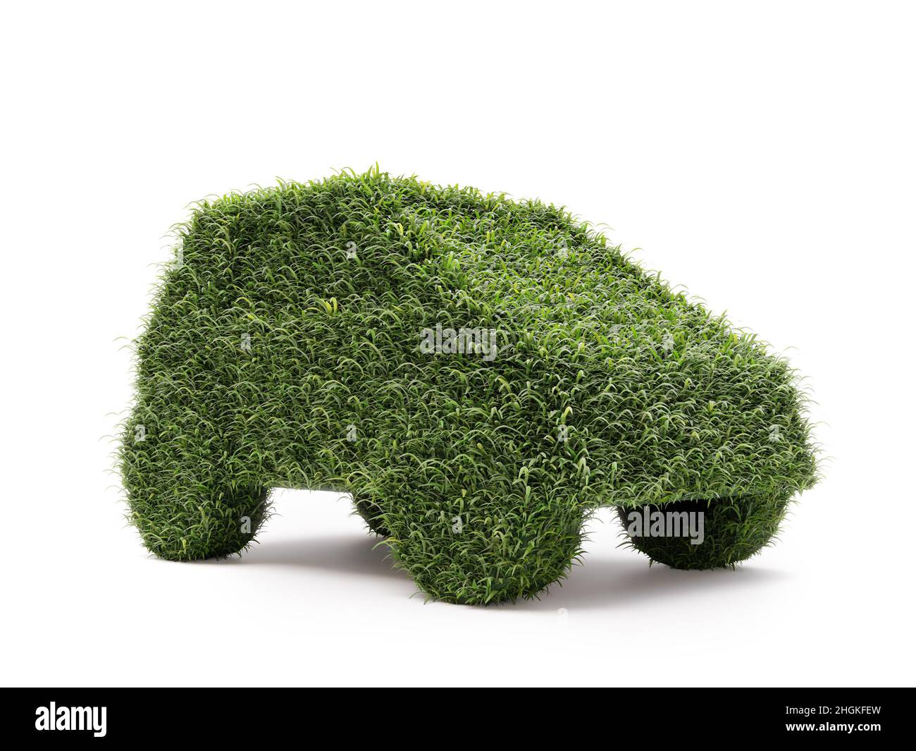 3D rendering of green grass-covered passenger car on white background Stock Photo