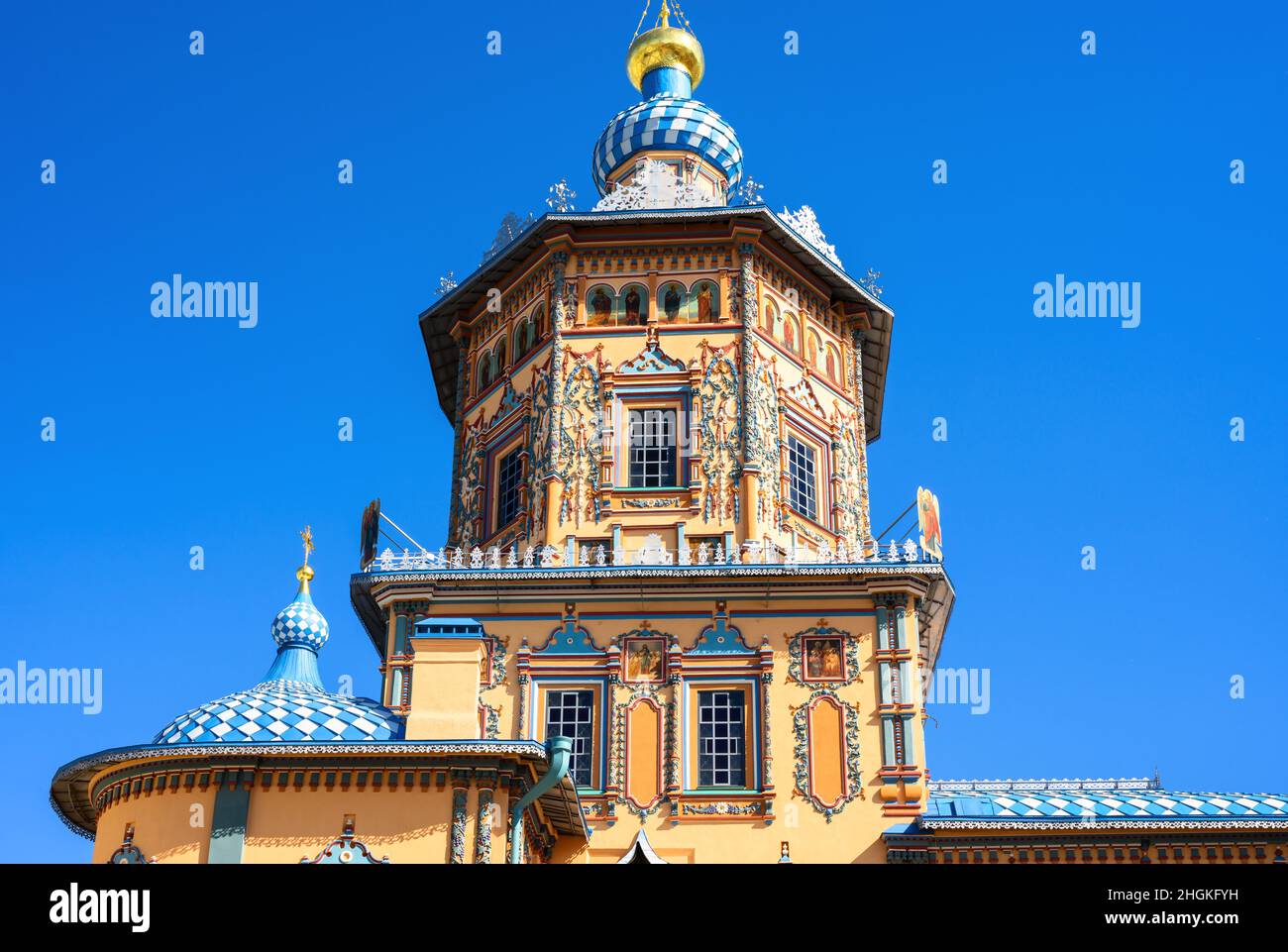 Cathedral of Saints Peter and Paul, Kazan, Tatarstan, Russia. It is tourist attraction of Kazan. Ornate painted Russian Orthodox church, beautiful his Stock Photo