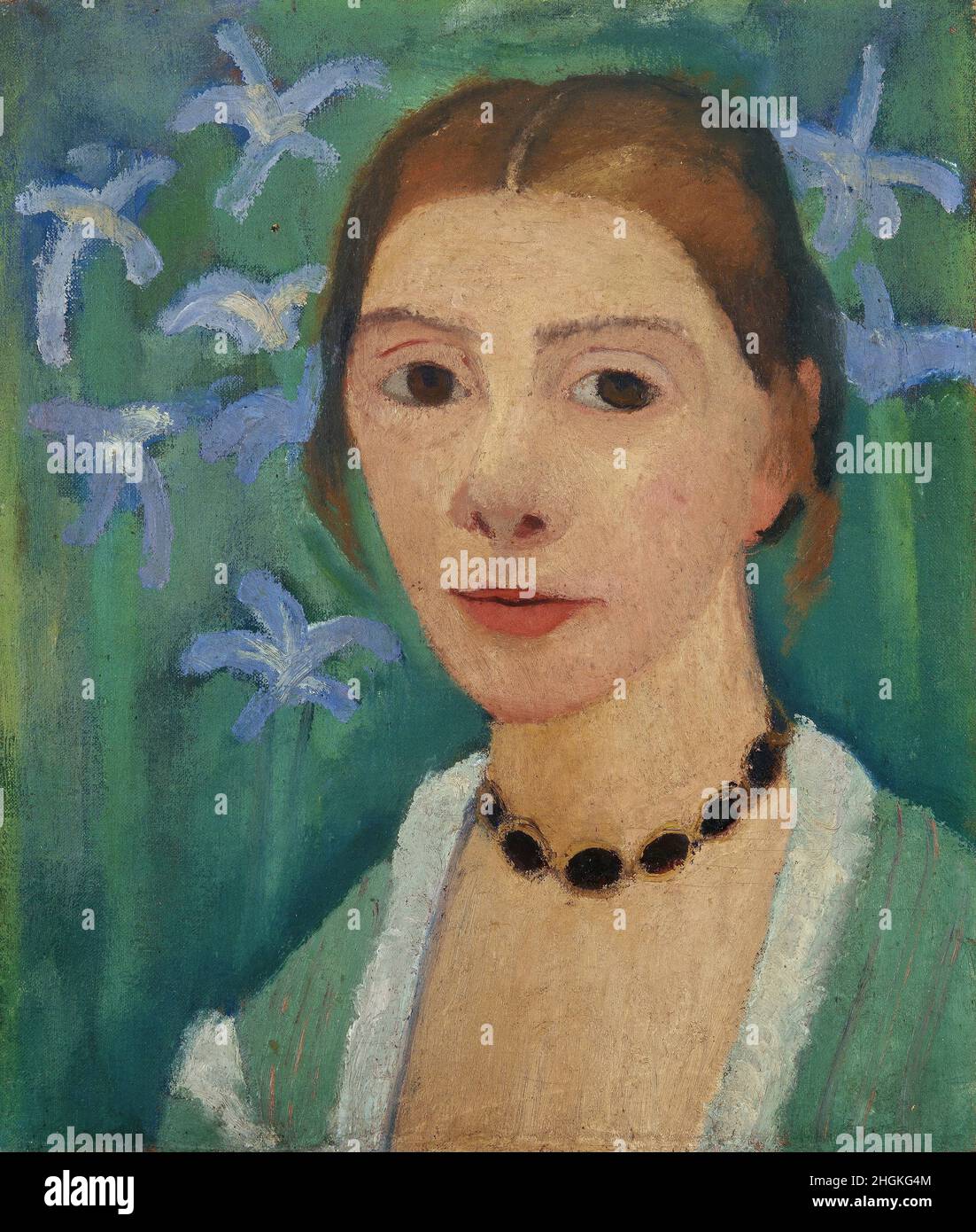 Self-Portrait before a Green Background with Blue Iris - Oil on canvas 40,7 x 34,5 cm - Modersohn-Becker Paula Stock Photo