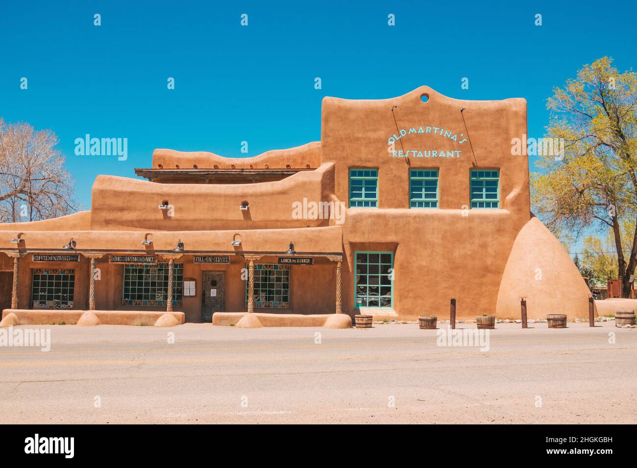 an adobe building housing Old Martina's Hall restaurant in Taos, New