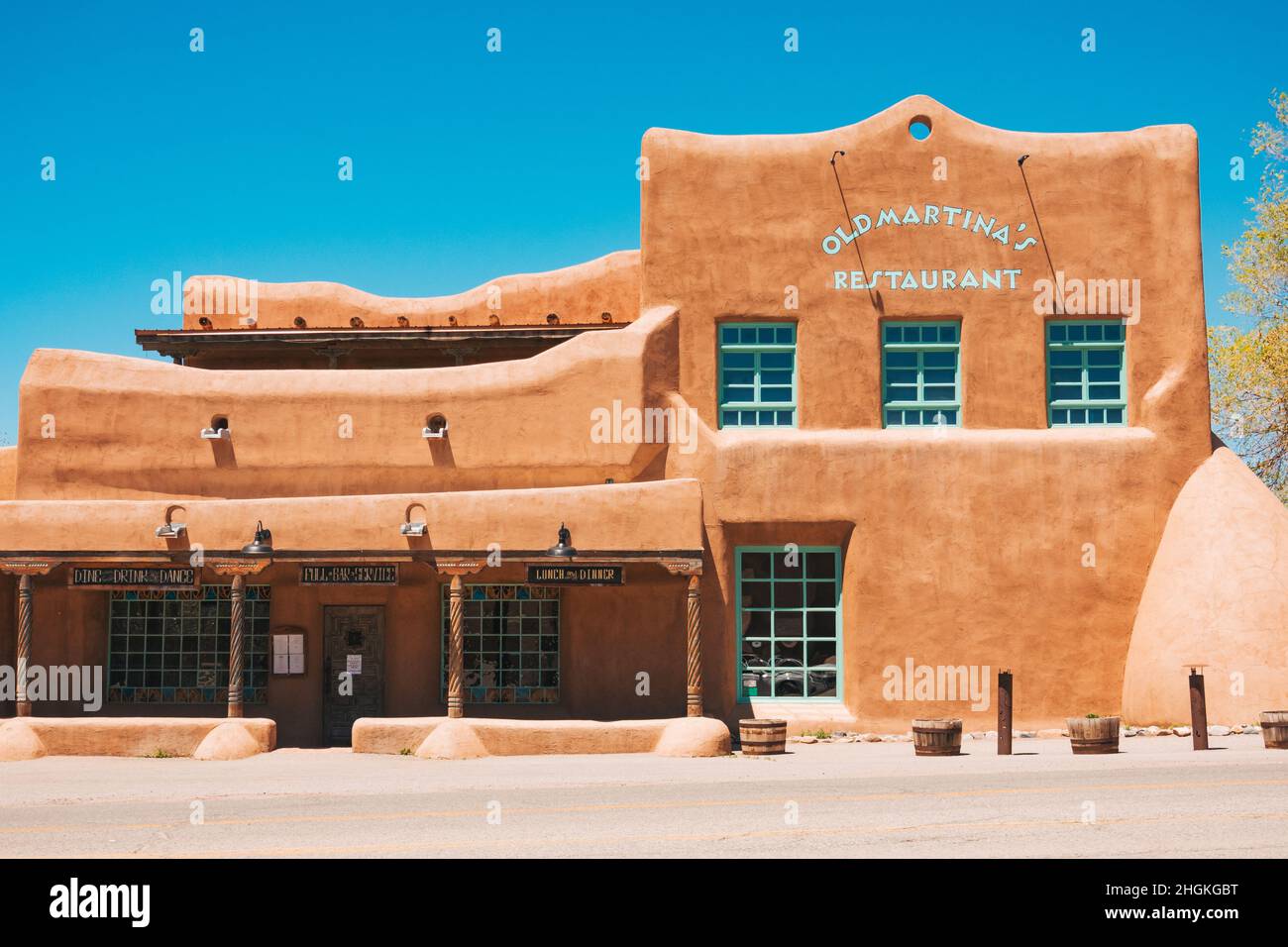 an adobe building housing Old Martina's Hall restaurant in Taos, New