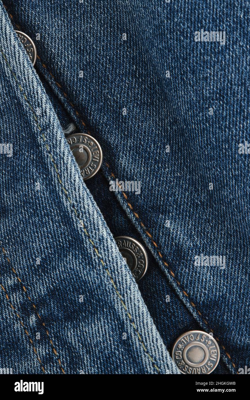 Close up of the details of new LEVI'S 501 Jeans. Buttons and seams close-up.  Classic jeans model. LEVI'S is a brand name of Levi Strauss and Co, found  Stock Photo - Alamy