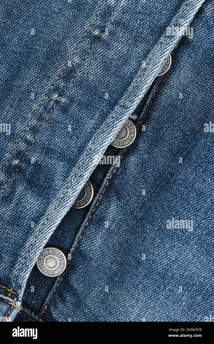 Close up of the details of new LEVI'S 501 Jeans. Buttons and seams  close-up. Classic jeans model. LEVI'S is a brand name of Levi Strauss and  Co, found Stock Photo - Alamy