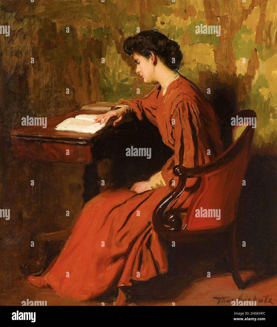 Woman Reading at a Desk - 1910c. - Oil on canvas 26 x 24 cm - Anshutz Thomas Pollock Stock Photo