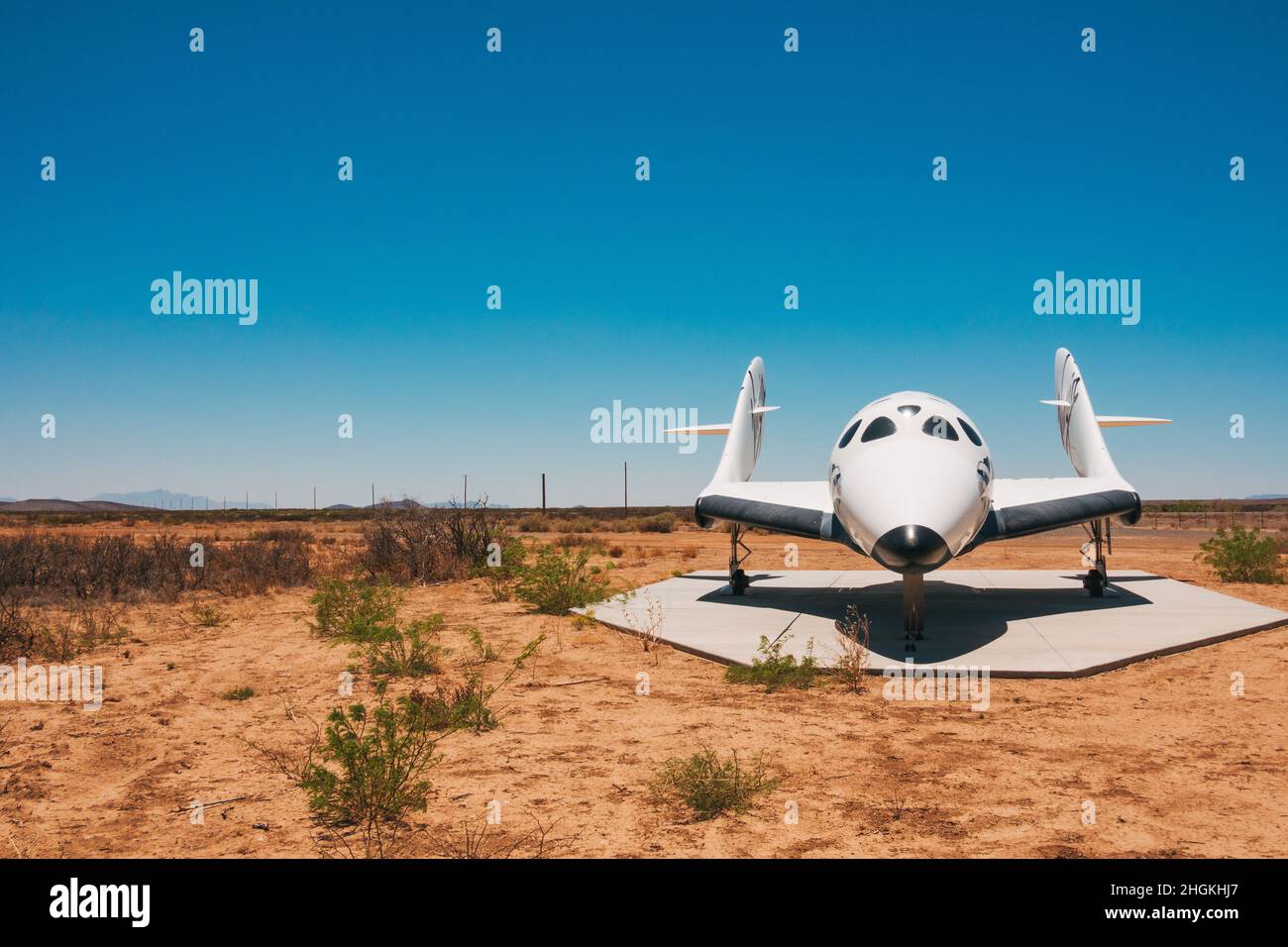 the front view of a mock-up of Virgin Galactic's SpaceShipTwo outside Spaceport America, New Mexico Stock Photo