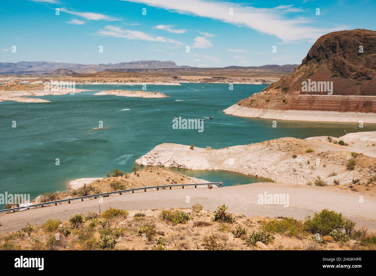 boats on the Elephant Butte Reservoir, a man-made lake created by the eponymous dam on the Rio Grande near Truth or Consequences, New Mexico, USA Stock Photo