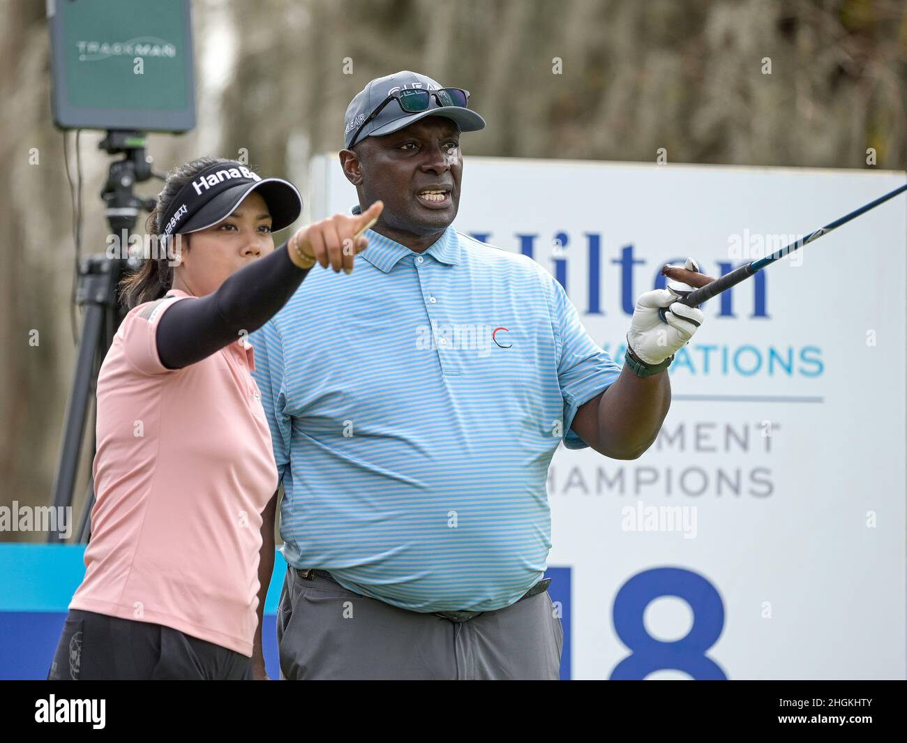 Orlando, FL, USA. 21st Jan, 2022. Patty Tavatanakit of Thailand points out something to Sterling Sharpe Former NFL Wide Receiver on the 18th tee during 2nd round of Hilton Grand Vacations Tournament of Champions held at Lake Nona Golf & Country Club in Orlando, Fla. Romeo T Guzman/CSM/Alamy Live News Stock Photo
