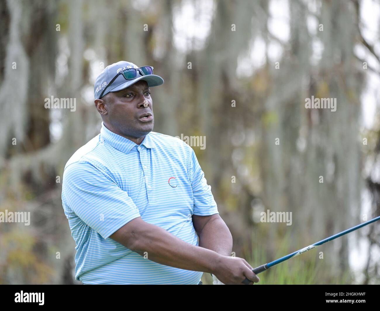 Orlando, FL, USA. 21st Jan, 2022. Sterling Sharpe Former NFL Wide Receiver on the 18th tee during 2nd round of Hilton Grand Vacations Tournament of Champions held at Lake Nona Golf & Country Club in Orlando, Fla. Romeo T Guzman/CSM/Alamy Live News Stock Photo
