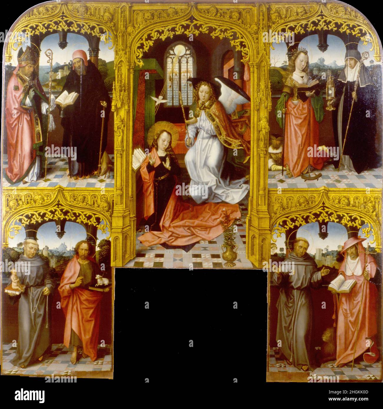 Maestro di San Giovanni Evangelista - Milano - Museo Poldi Pezzoli - (attribuito) Annunciazione con i santi Lazzaro e Antonio Abate, Caterina d'Alessandria, Chiara e altri (1490 00) (temper Stock Photo