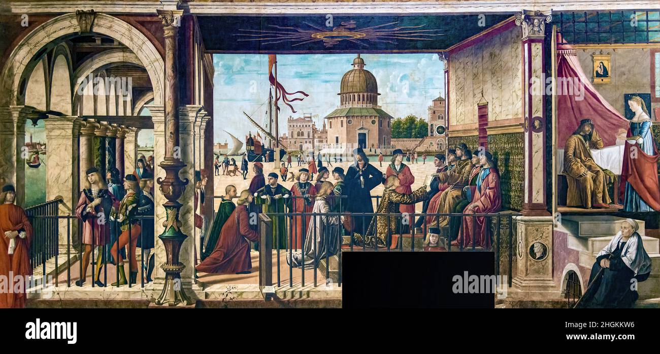 Ciclo di Sant'Orsola, Arrivo degli ambasciatori - 1495c. - oil on canvas 278 x 589 cm - Carpaccio Vittore Stock Photo