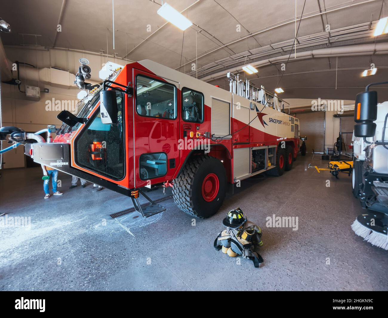 An Oshkosh Striker 6x6 airport fire truck at Spaceport America, a an airport used for space flights (such as Virgin Galactic) in rural New Mexico, USA Stock Photo