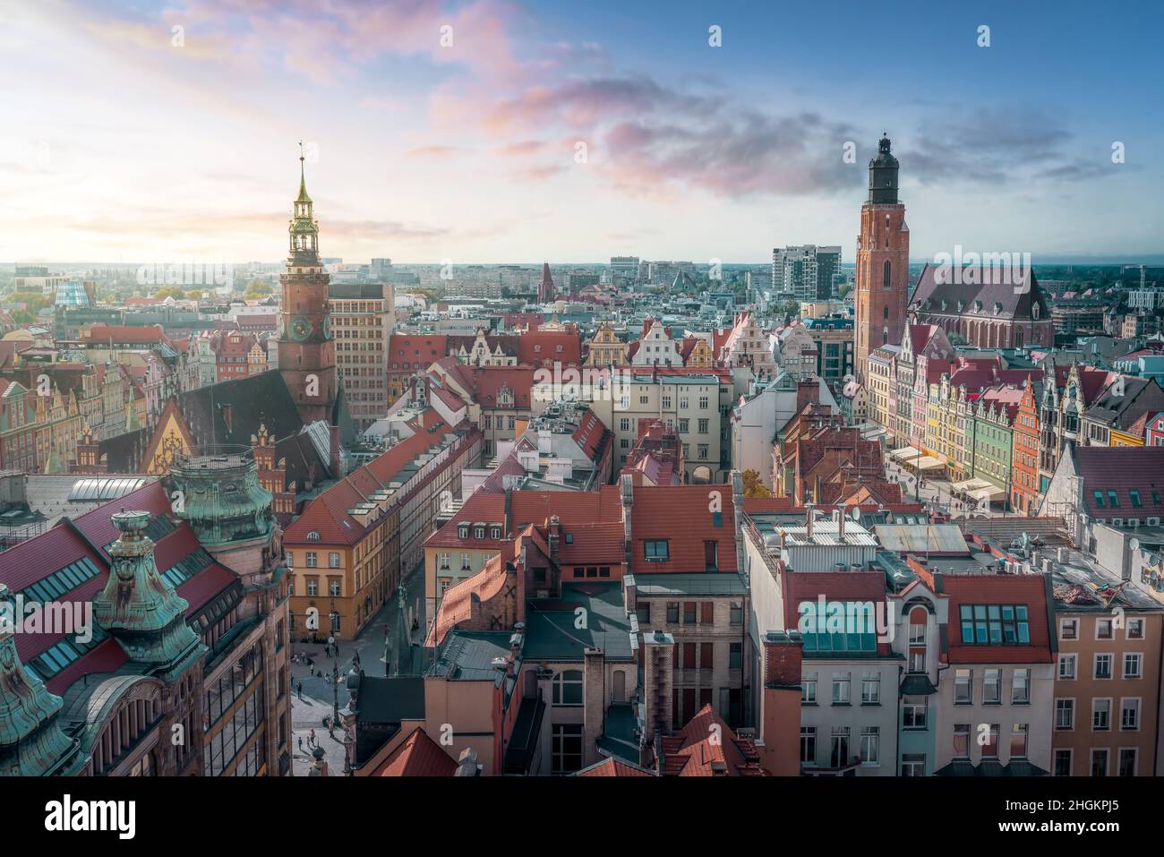 Wroclaw Skyline with Old Town Hall, St Elizabeth Church and Market Square at sunset - Wroclaw, Poland Stock Photo