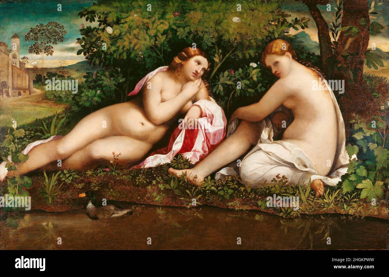 Palma Jacopo il vecchio - Francoforte - Städelsches Kunstinstitut und Stadtische Galerie  - Two Nymphs at Rest (Jupiter and Callisto ) (1520 30) (tecnica mista su tavola di pioppo 98,3 x 1 Stock Photo
