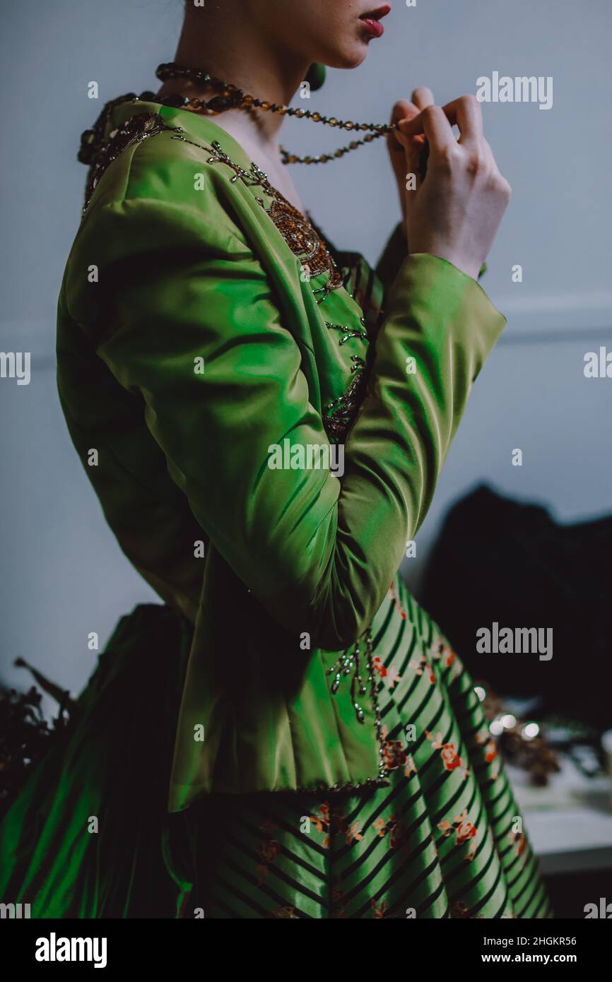 Green velvet dress hi-res stock 