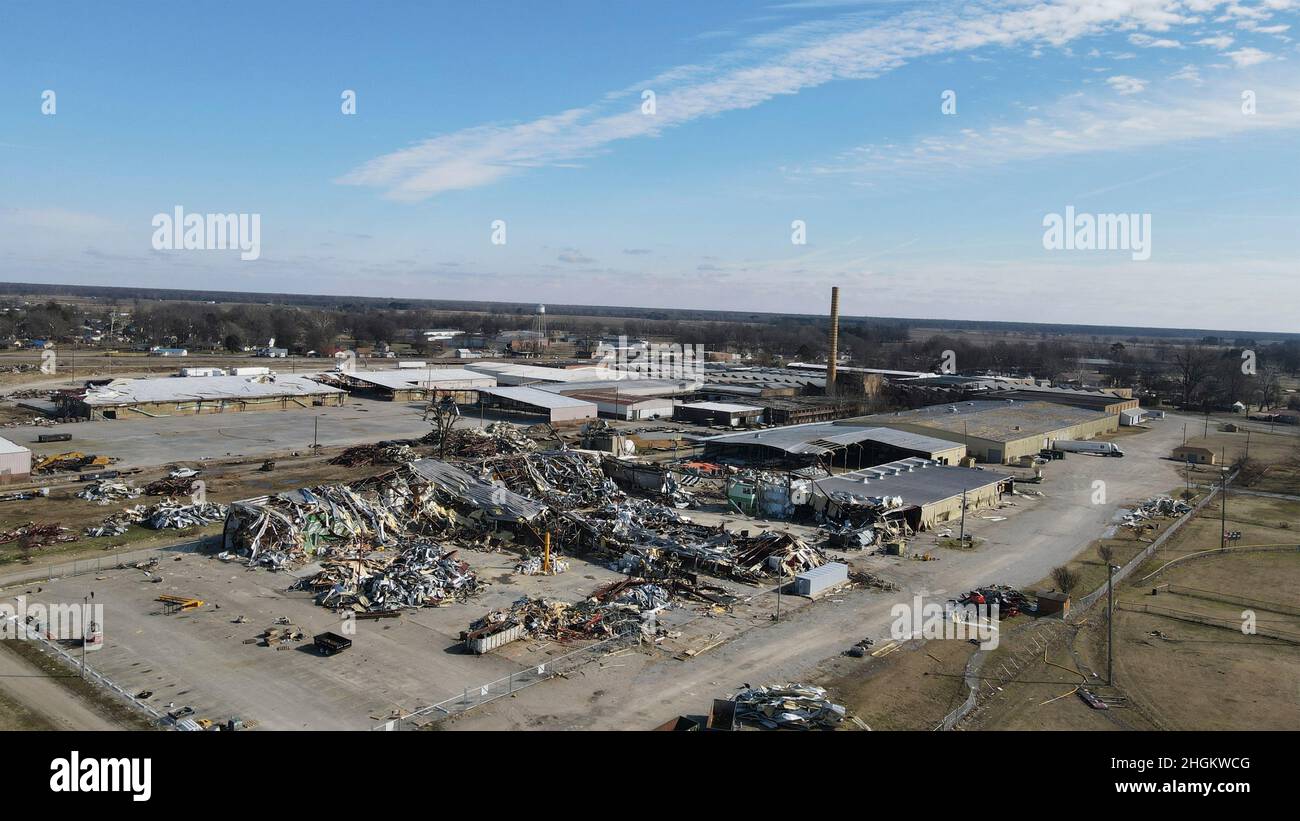 Trumann, United States of America. 20 January, 2022. Aerial view of buildings destroyed by the December  tornados that swept through the region during a survey of the area, January 20, 2022 in Trumann, Arkansas.  Credit: Daniel Rojas/U.S. Army/Alamy Live News Stock Photo