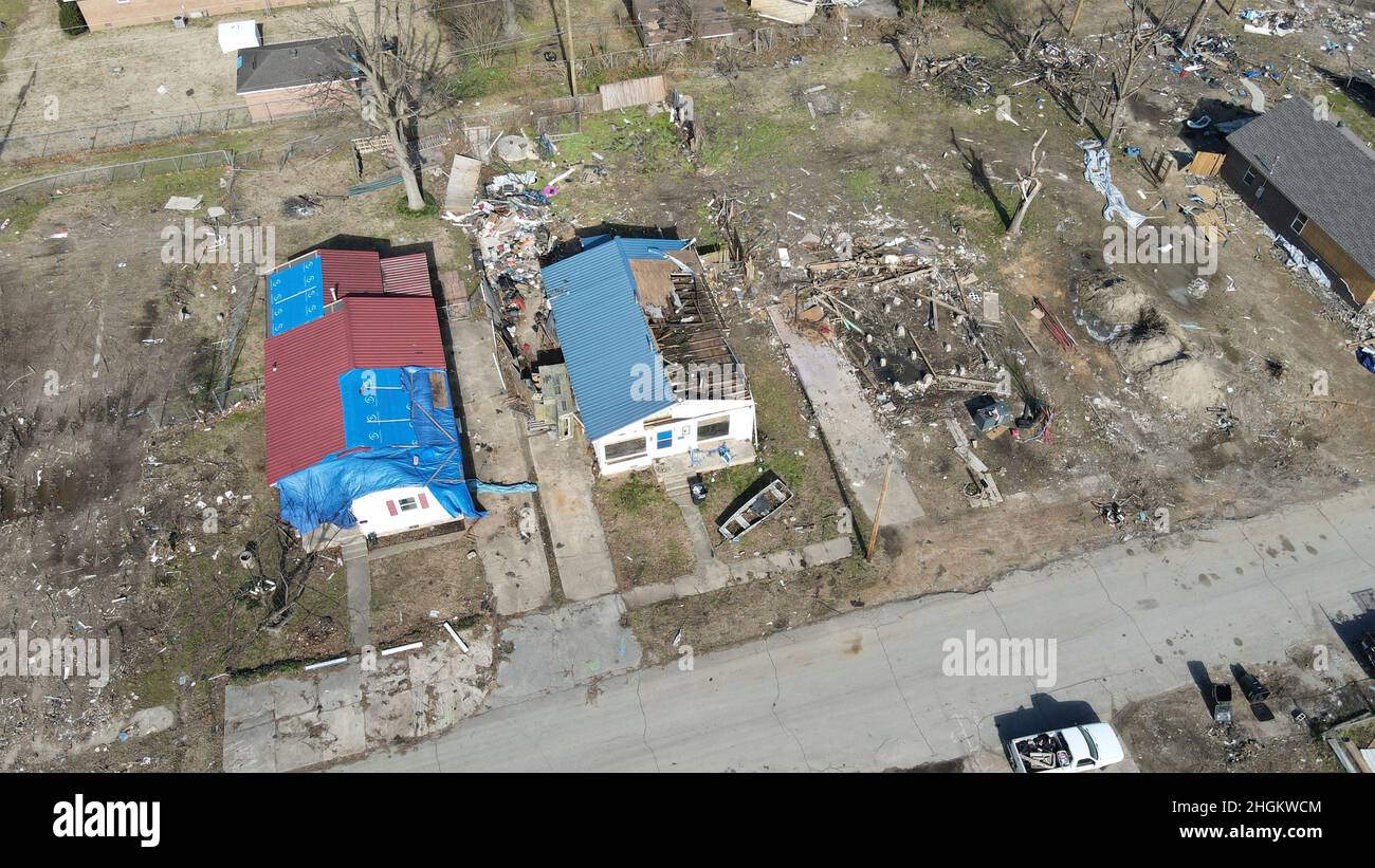 Trumann, United States of America. 20 January, 2022. Aerial view of buildings destroyed by the December  tornados that swept through the region during a survey of the area, January 20, 2022 in Trumann, Arkansas.  Credit: Daniel Rojas/U.S. Army/Alamy Live News Stock Photo