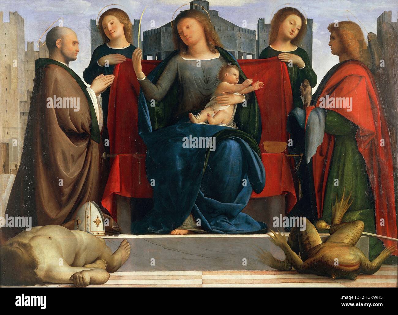 Madonna in trono con sant’Ambrogio e san Michele - 1515 20 - tempera e oil on canvas 122 x 157 cm - Suardi Bartolomeo - Bramantino - Stock Photo