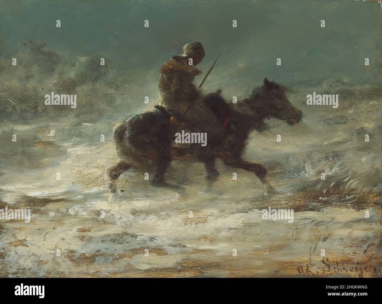 Man with Lance Riding through the Snow - 1880 - oil on canvas 17,2 x 23,5 cm - Schreyer Adolf Stock Photo