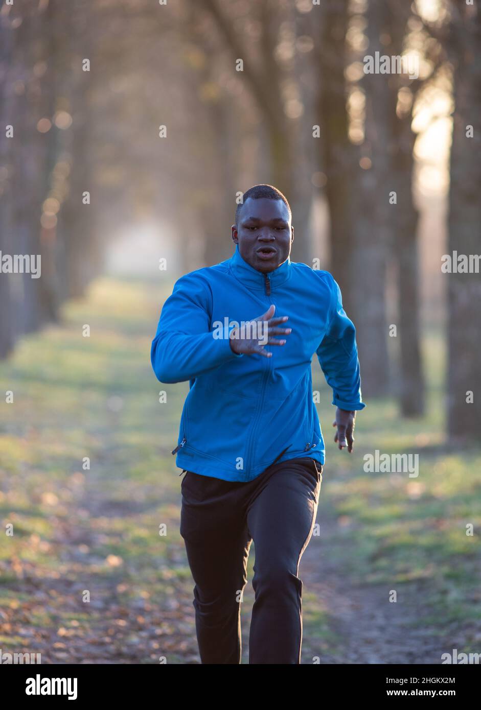 Black muscular man running in woods in winter time. Jogging and exercising in cold weather Stock Photo