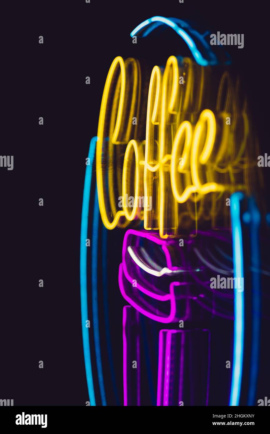 Bright neon at night with coffee label Stock Photo