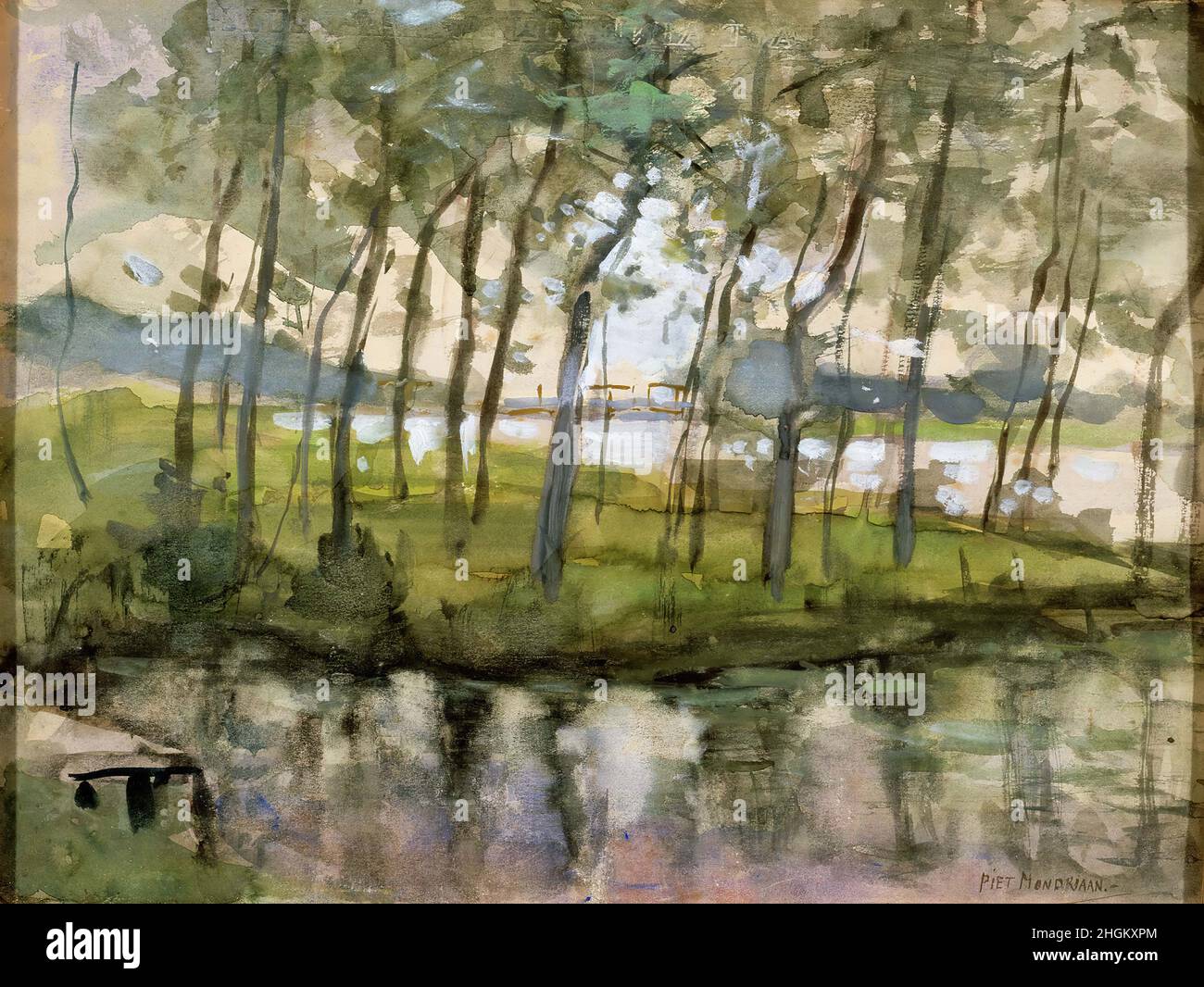 Young Tree Grove Amidst Water Reflections - 1902 05 - acquerello on carta 30,3 x 39,7 cm - Mondrian Piet Stock Photo