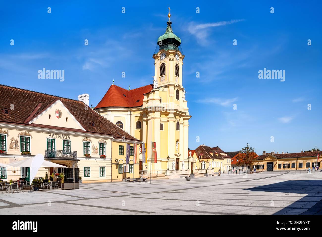 Old town hall and Parish church on the Schloßplatz in Laxenburg, Austria - historical building Stock Photo