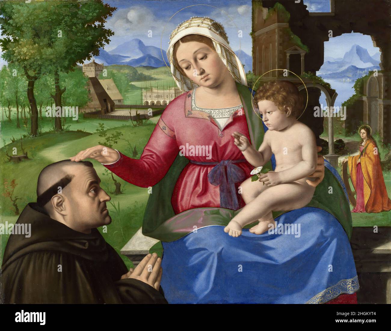 The Virgin and Child with a Tonsured Supplicant and Saint Catherine - 1505 06 - oil on wood 53,3 x 69,2 cm - Stock Photo