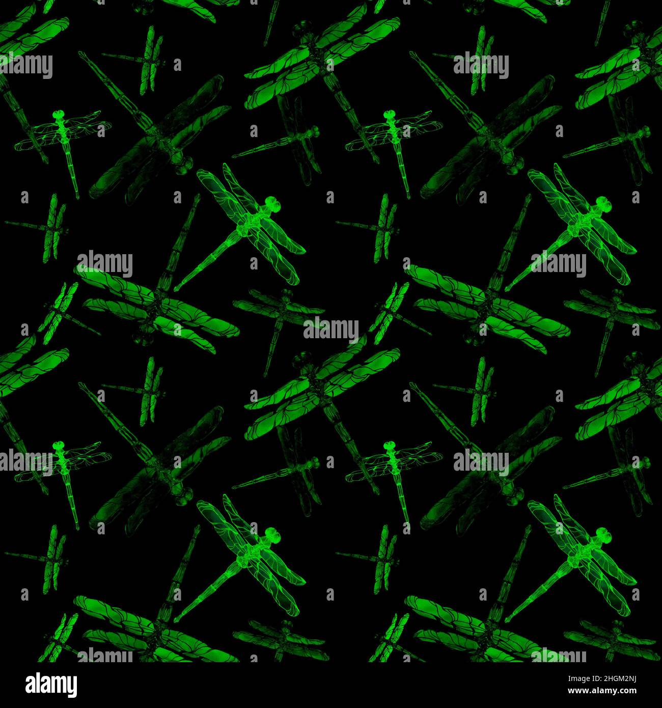 Gree color dragonflies in seamless pattern on black background. Design ...