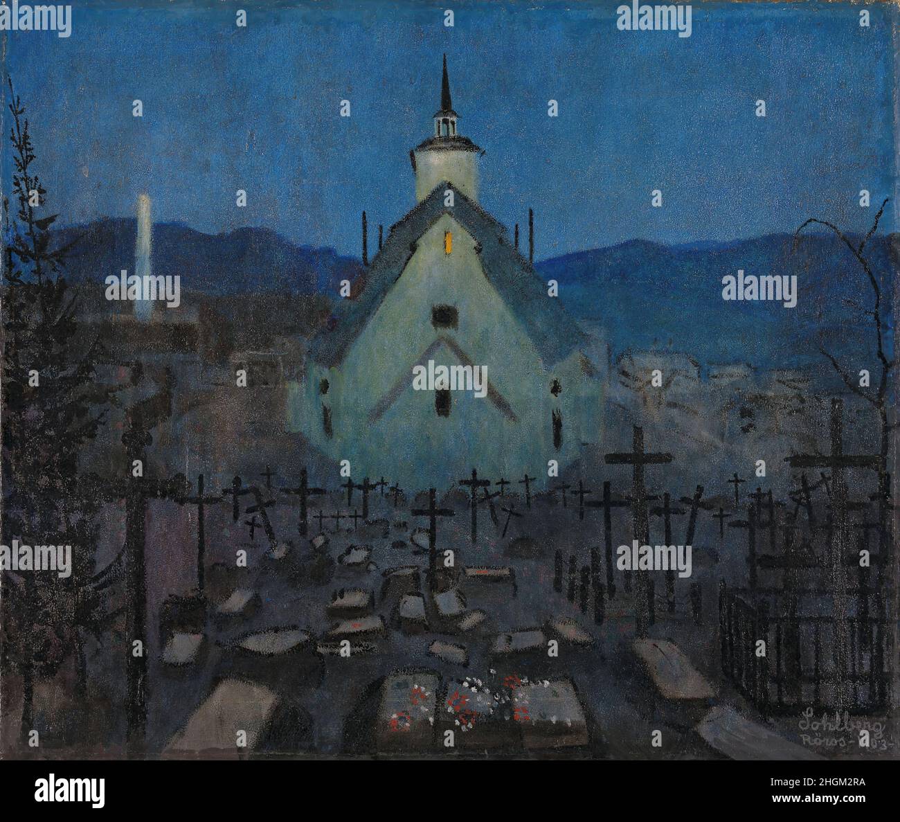 Night, the Church at Røros - 1903 - olio su carta 39,5 x 46,5 cm - Sohlberg Harald Oskar Stock Photo