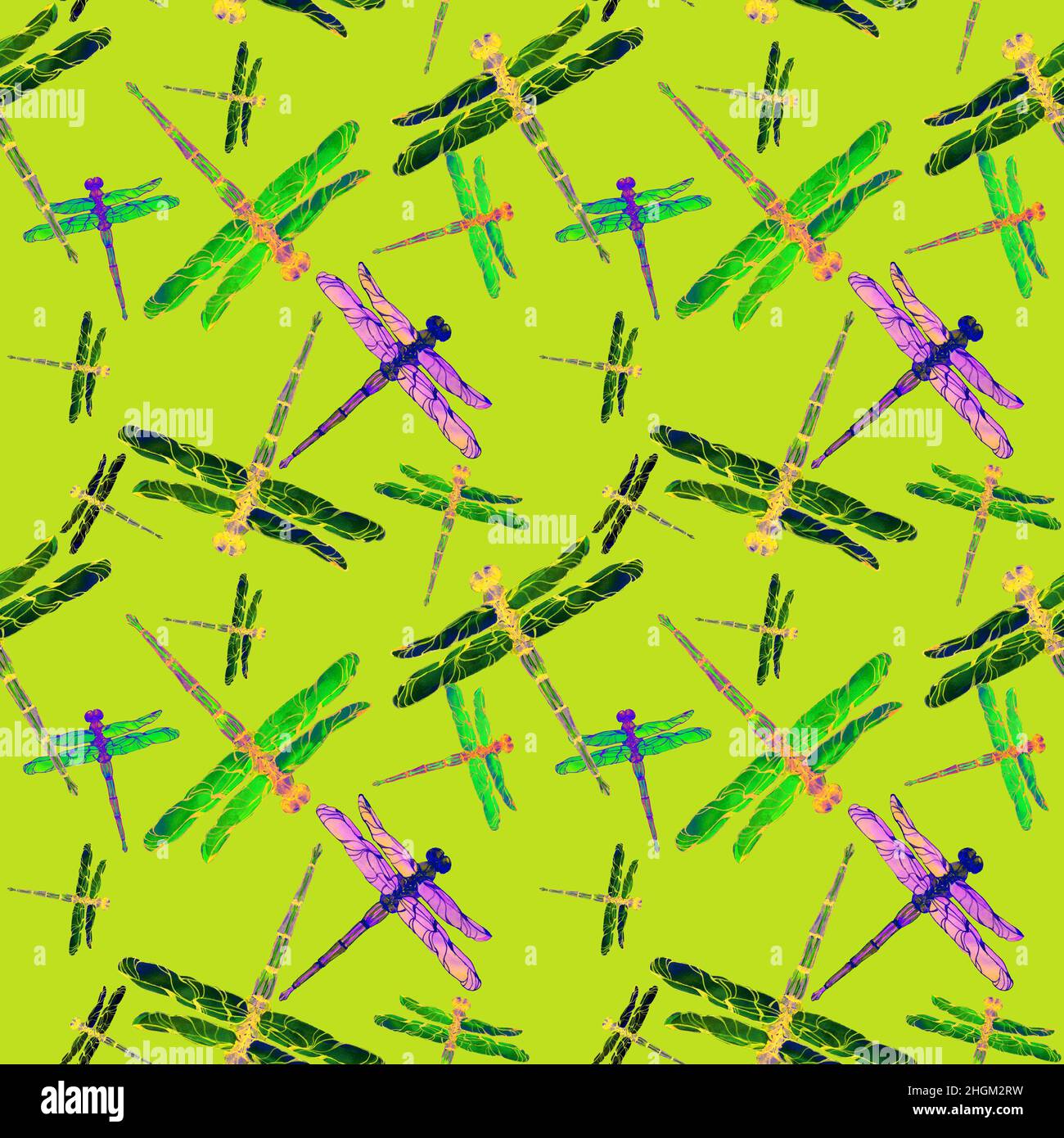 Watercolor handdrawn dragonflies in seamless pattern on greenery background. Design for textile, covers, backgrounds and packaging. Psychedelic trendy Stock Photo