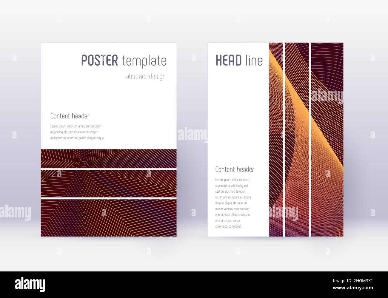 Geometric cover design template set. Orange abstract lines on wine red