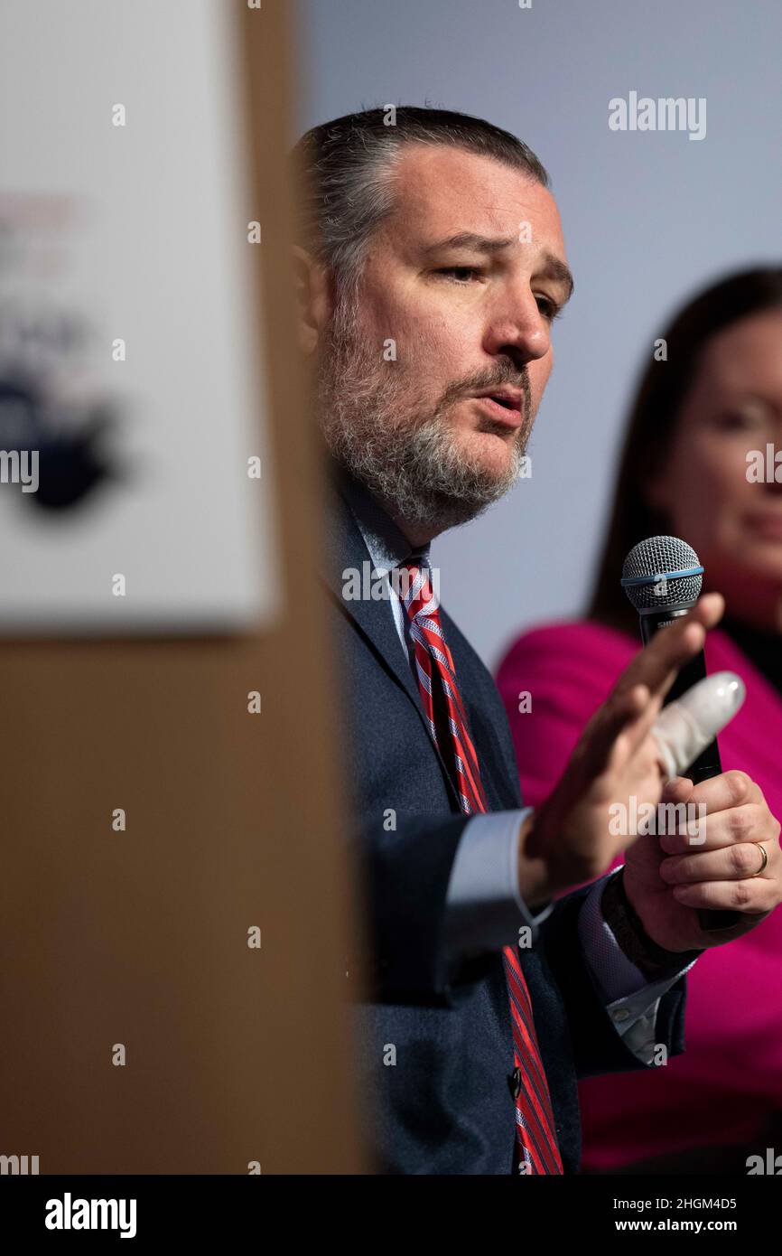 Austin, USA. 21st Jan, 2022. U.S. Senator TED CRUZ, Republican of Texas, details his many criticisms of President Biden's administration during a keynote speech at the Texas Public Policy Foundation's annual policy conference. ©Bob Daemmrich Stock Photo