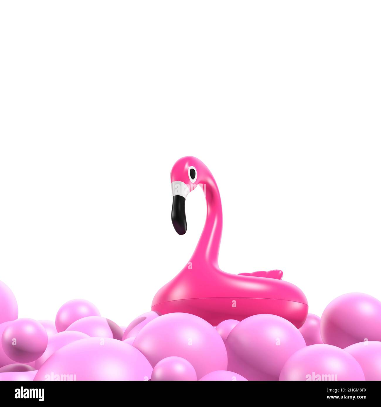 Inflatable flamingo among balloons, illustration Stock Photo