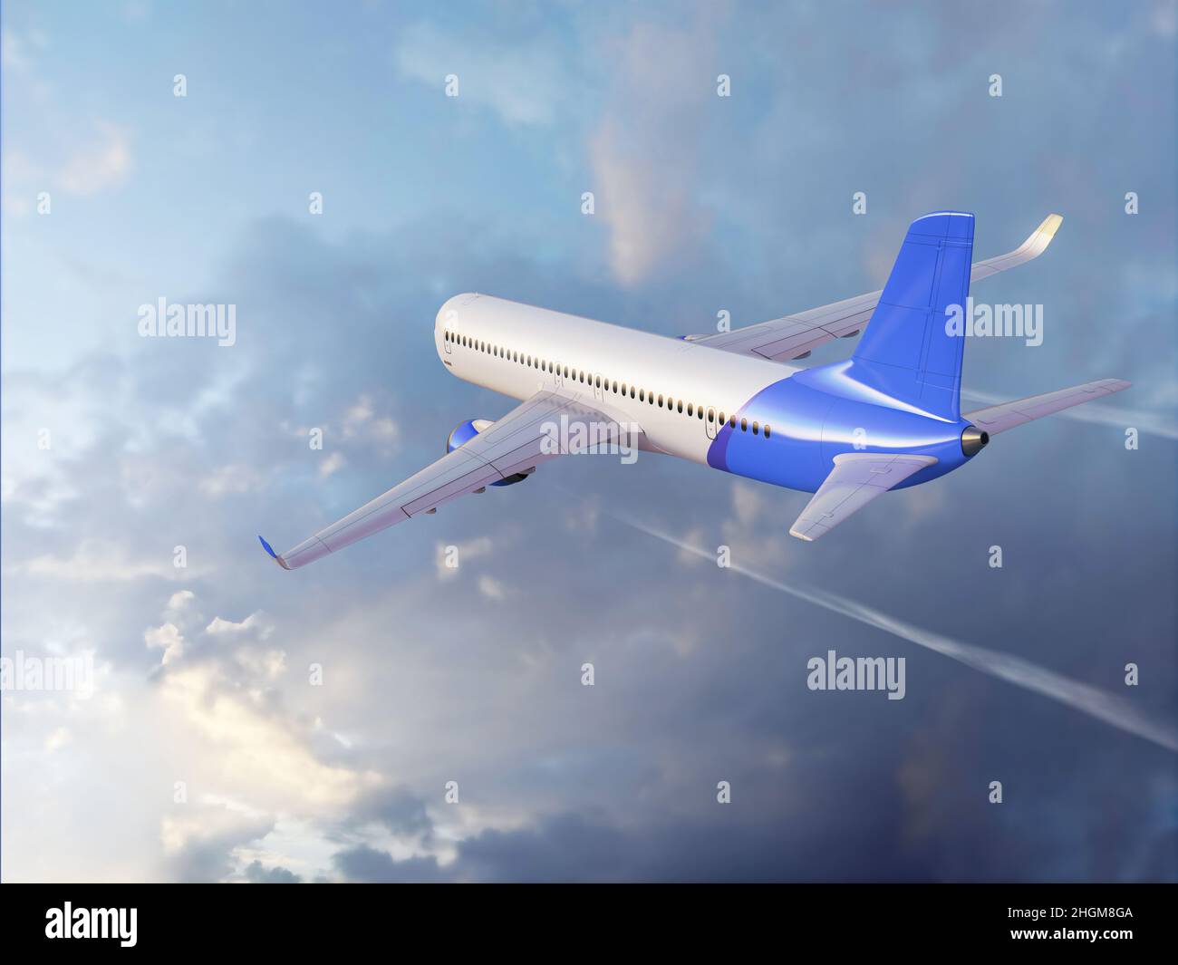 Commercial aeroplane flying in the clouds, illustration Stock Photo