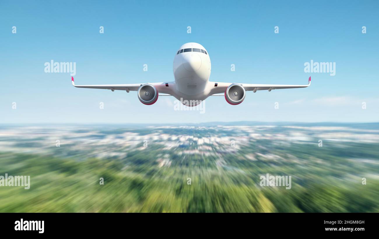 Passenger aeroplane flying over the city, illustration Stock Photo