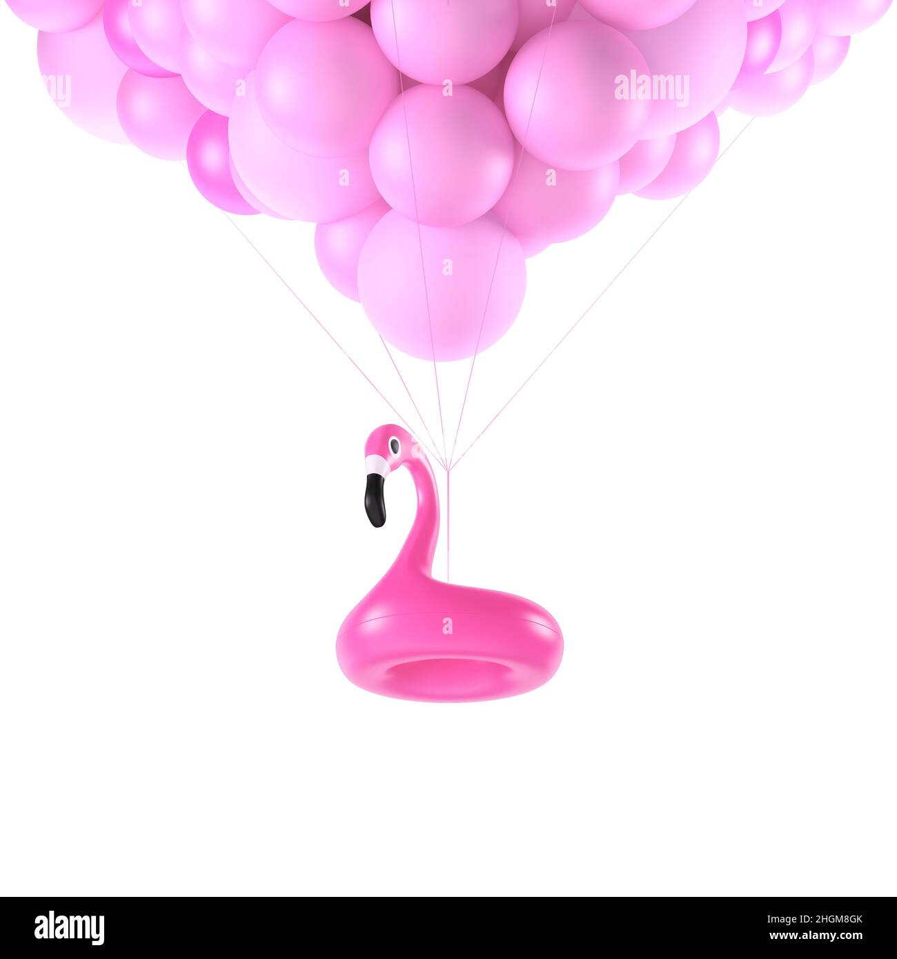 Pink inflatable flamingo pulled by balloons, illustration Stock Photo