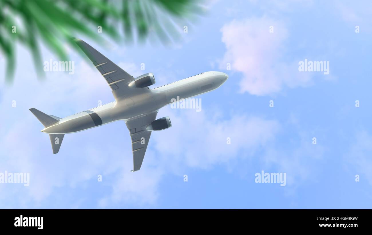 Passenger aeroplane flying over a palm tree, illustration Stock Photo