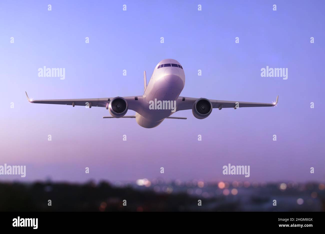 Aeroplane flying in the evening, illustration Stock Photo