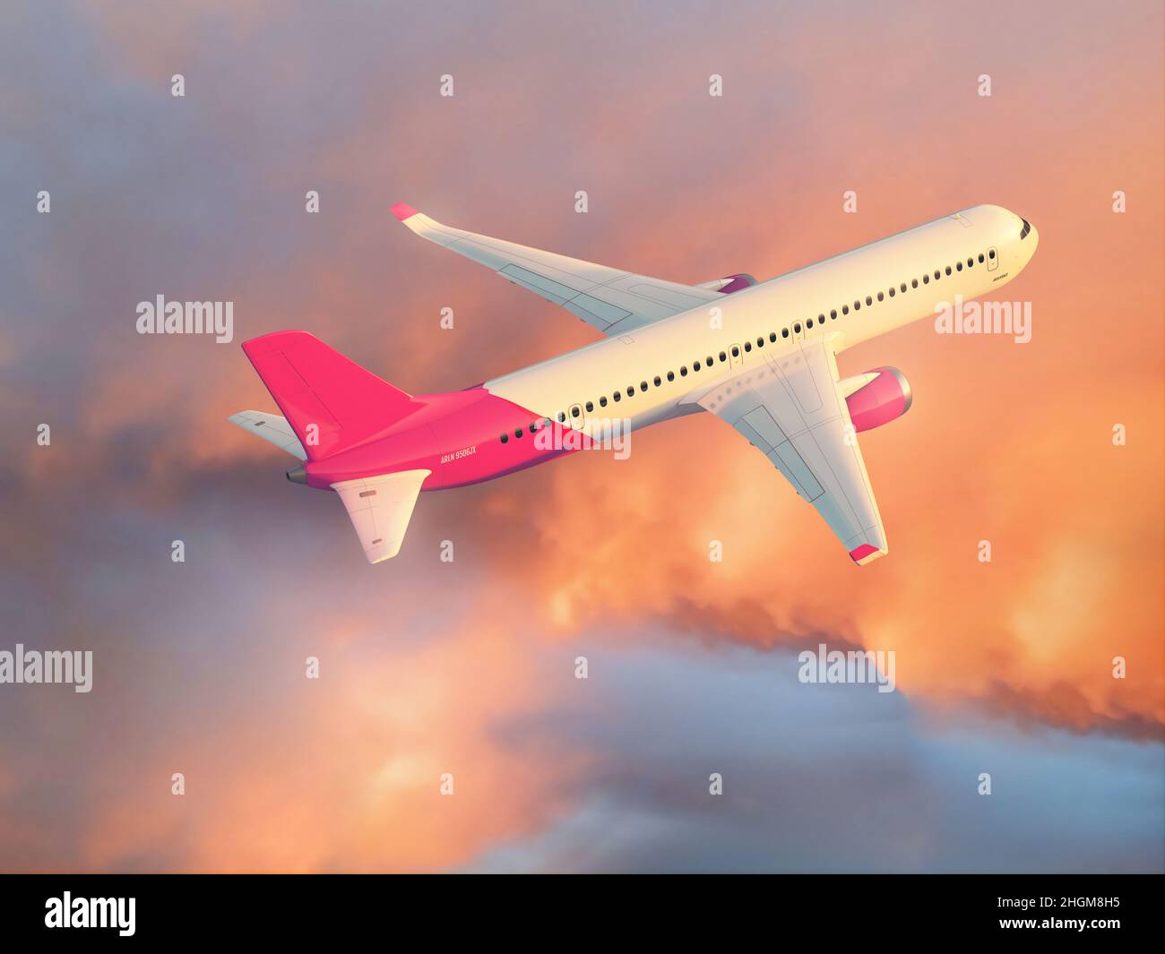 Aeroplane flying above pink clouds, illustration Stock Photo