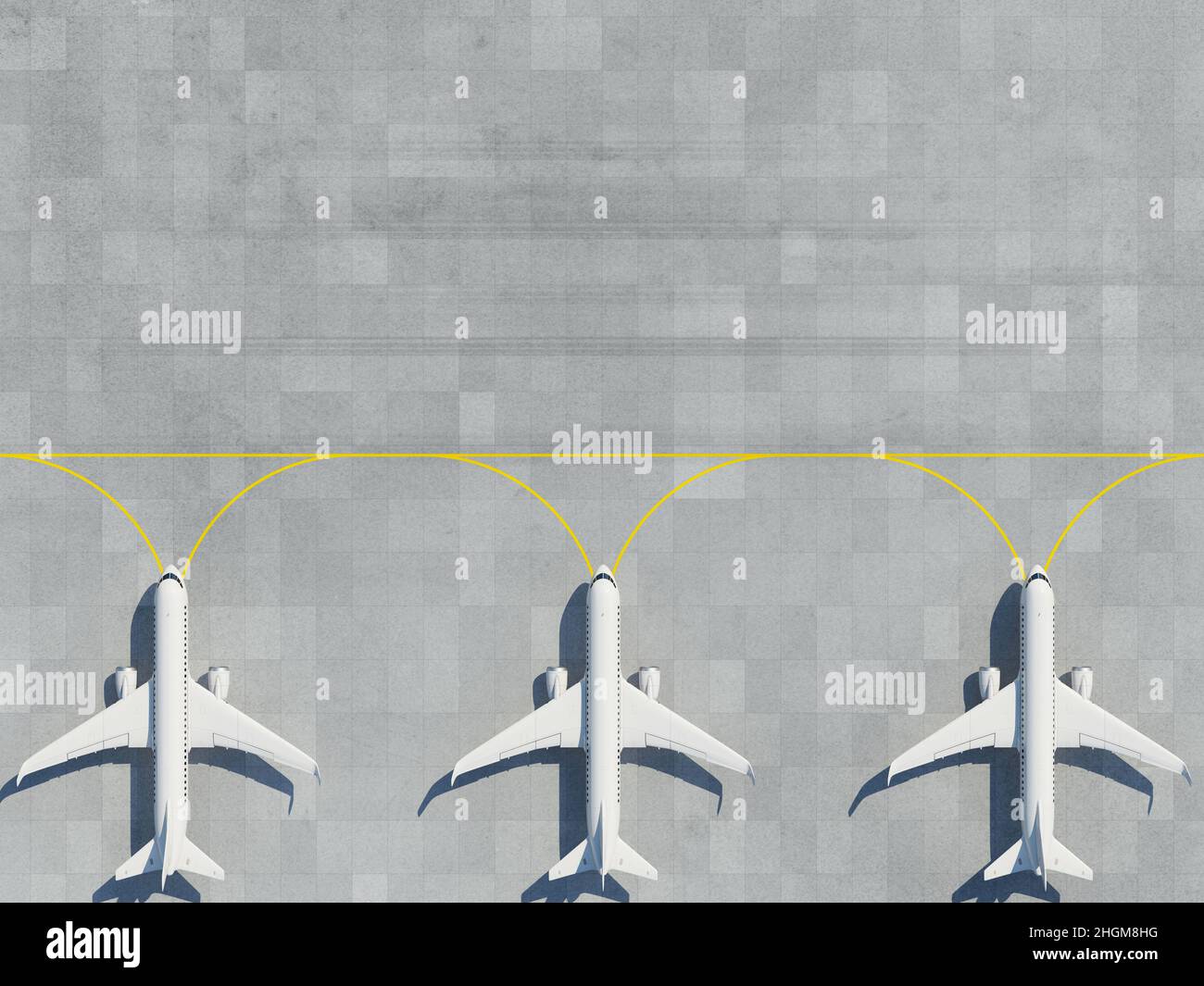 Aeroplanes parked on a concrete runway, illustration Stock Photo