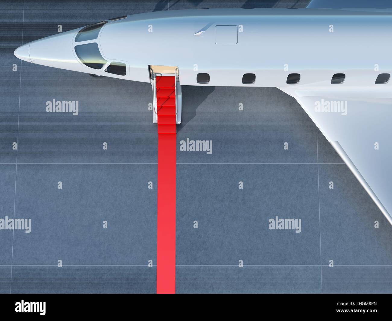 Red carpet leading to a business jet entrance, illustration Stock Photo