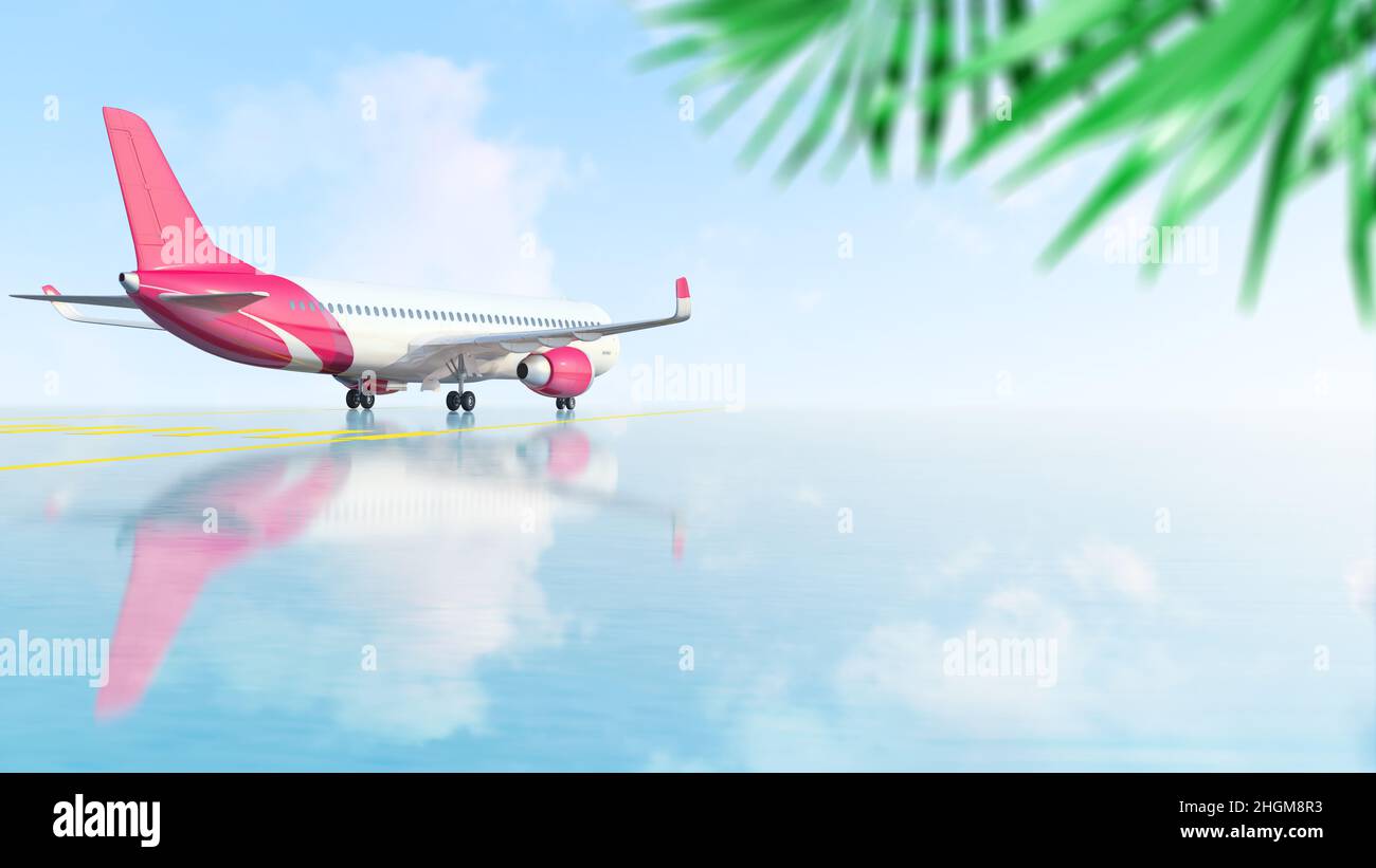 Aeroplane under tropical palm leaves, illustration Stock Photo