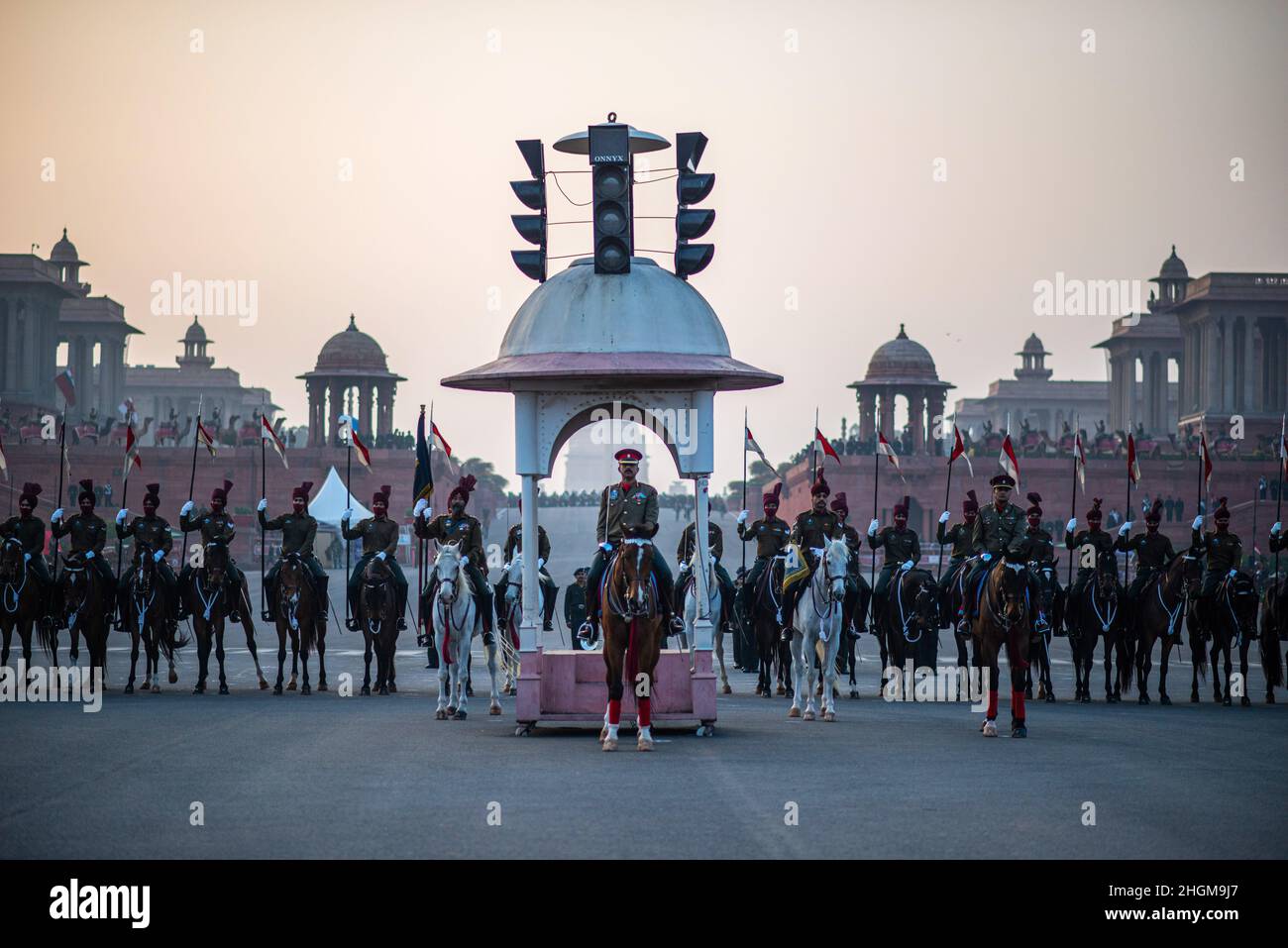 New Delhi, India. 21st Jan, 2022. President bodyguard Elite Cavalry Regiment take part during the Beating retreat rehearsal at Vijay Chowk. Beating the Retreat ceremony is a century old military tradition. In early 1950 Major Roberts of the Indian Army indigenously developed the unique ceremony of display by the massed bands, when the troops ceased fighting, sheathed their arms and withdrew from the battlefront and returned to the barracks at sunset at the sounding of the Retreat. Credit: SOPA Images Limited/Alamy Live News Stock Photo